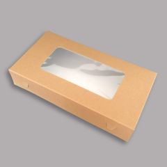 Картонные квадратные тортовые коробки с окном 150x300x50мм, коричневые, 100шт/упак.