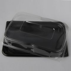 Black low square tray with clear dome lid 550x370x100mm, rPET, 25set/box
