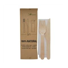 Compostable wooden fork, knife and napkin set 25psc