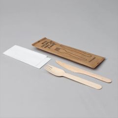 Compostable wooden fork, knife and napkin set