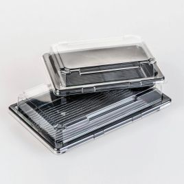 With clear lid black sushi tray 170x90mm, PET, 600set/box