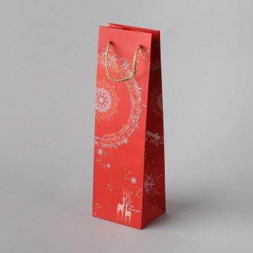Red paper gift bag for bottle Christmas Fantasy, rope handles 110+90x360mm