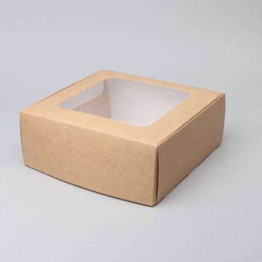Paper box with PP window for cakes 230x230x90mm, brown-white, 100pcs/pack