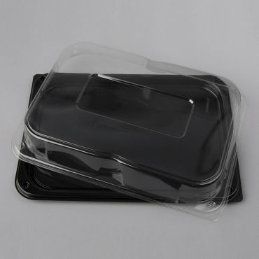 Black low square tray with clear dome lid 350x240X70mm, rPET, 25set/box